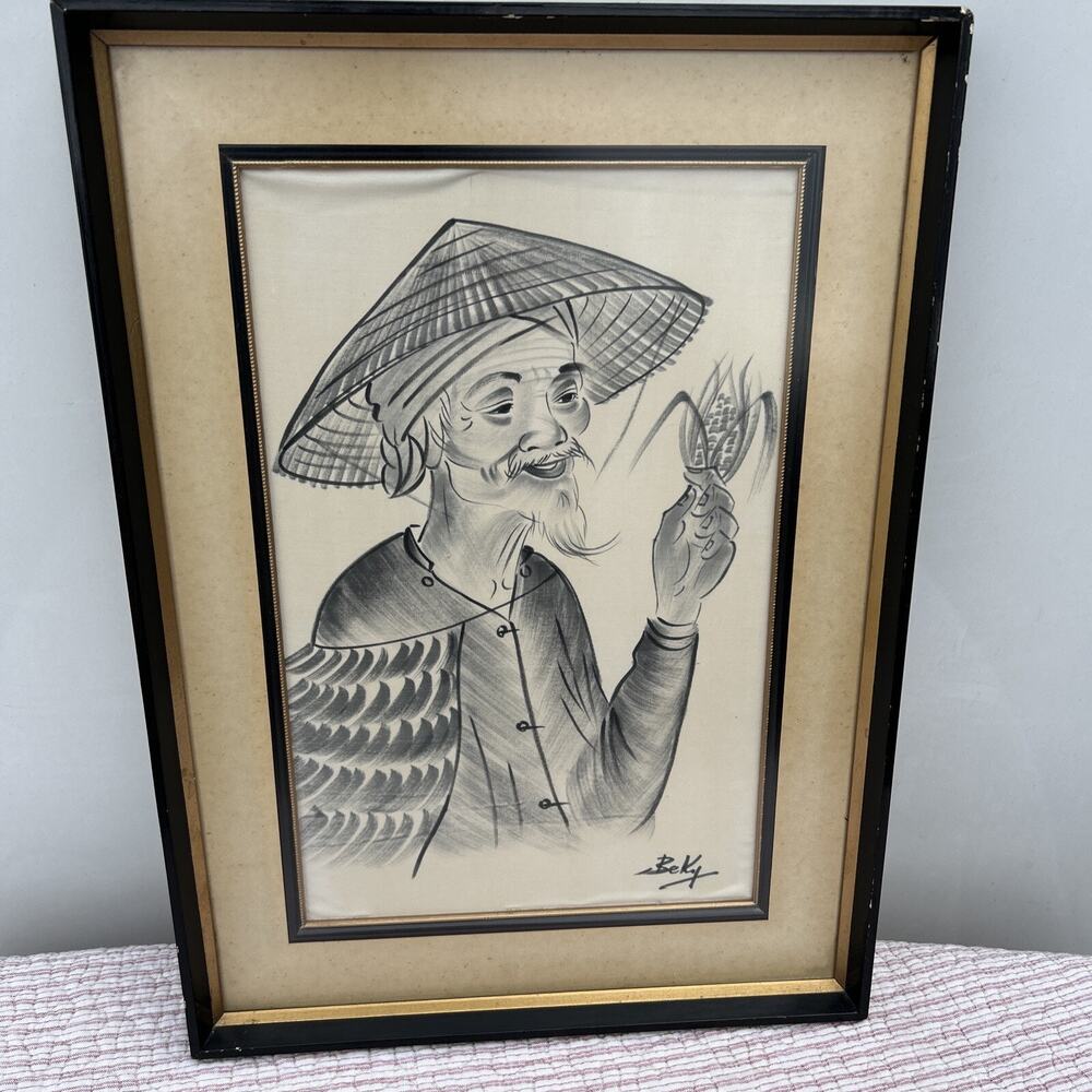 Artist BEKY Ink on Silk framed PAINTING of Asia Art Farmer